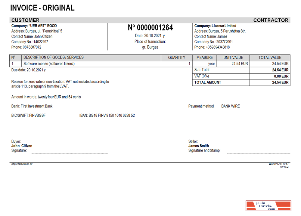 Bulgary UEB ART EOOD Company invoice PSD template